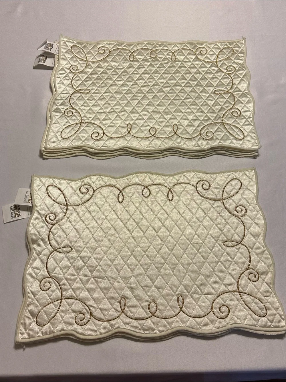 Martha Stewart Cream Quilted Placemat Set with Gold Scroll Embroidery set of 10